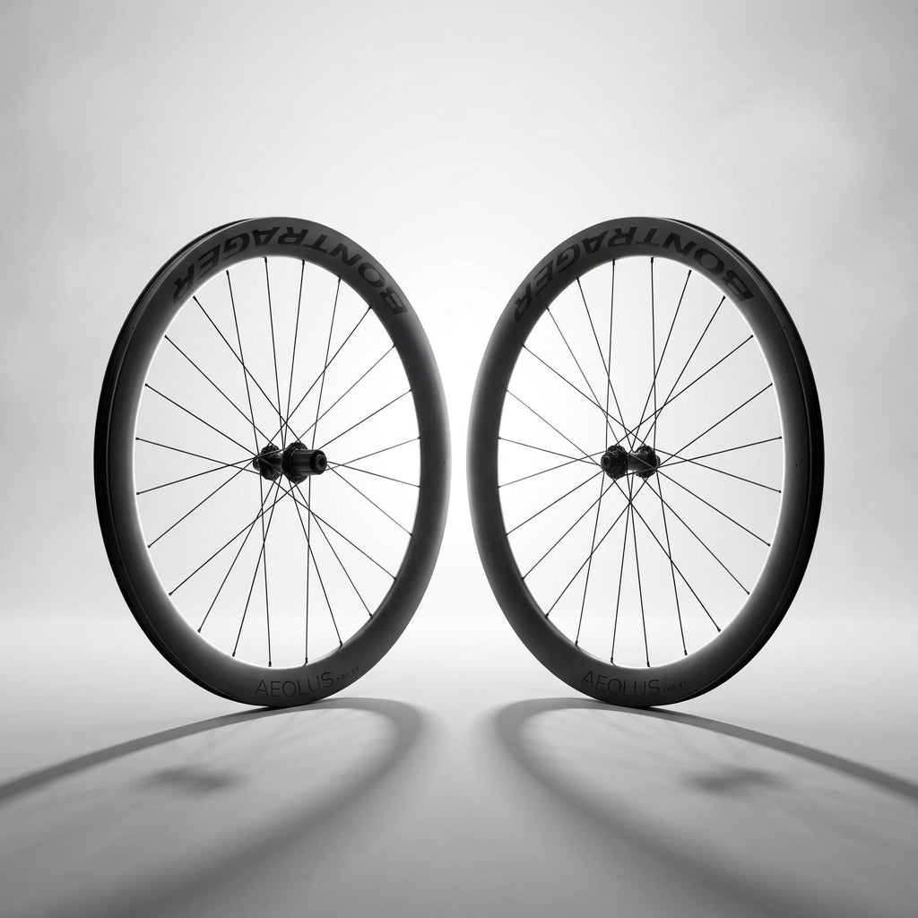 A bunch of wheels placed next to each other on a bench with a black background