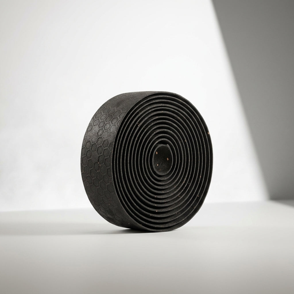 Handlebar taps rolled up on a wooden bench with a little black grip next to the tape