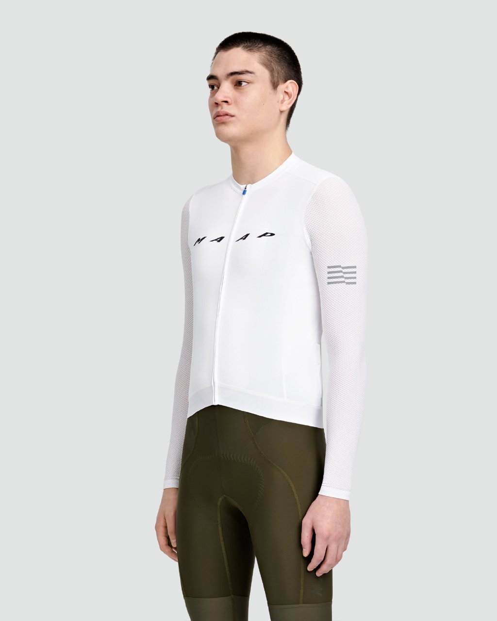 MAAP Evade Pro Base LS Jersey in White, jersey front worn by rider