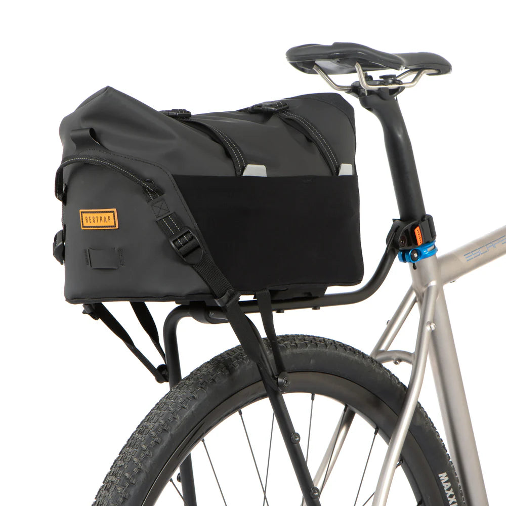 Restrap Switch Top Bag 15L, waterproof rack bag fitted to a bike