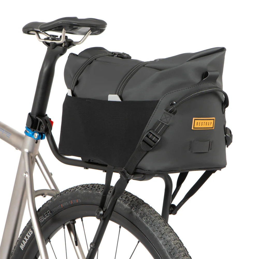 Restrap Switch Top Bag 15L, waterproof rack bag showing roll-top closure