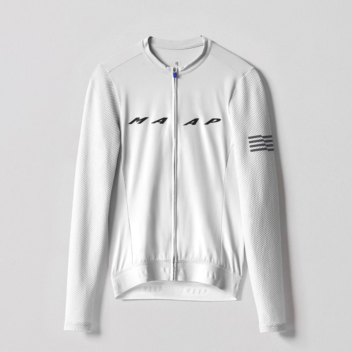 MAAP Evade Pro Base LS Jersey in White, silicone gripper hem detail