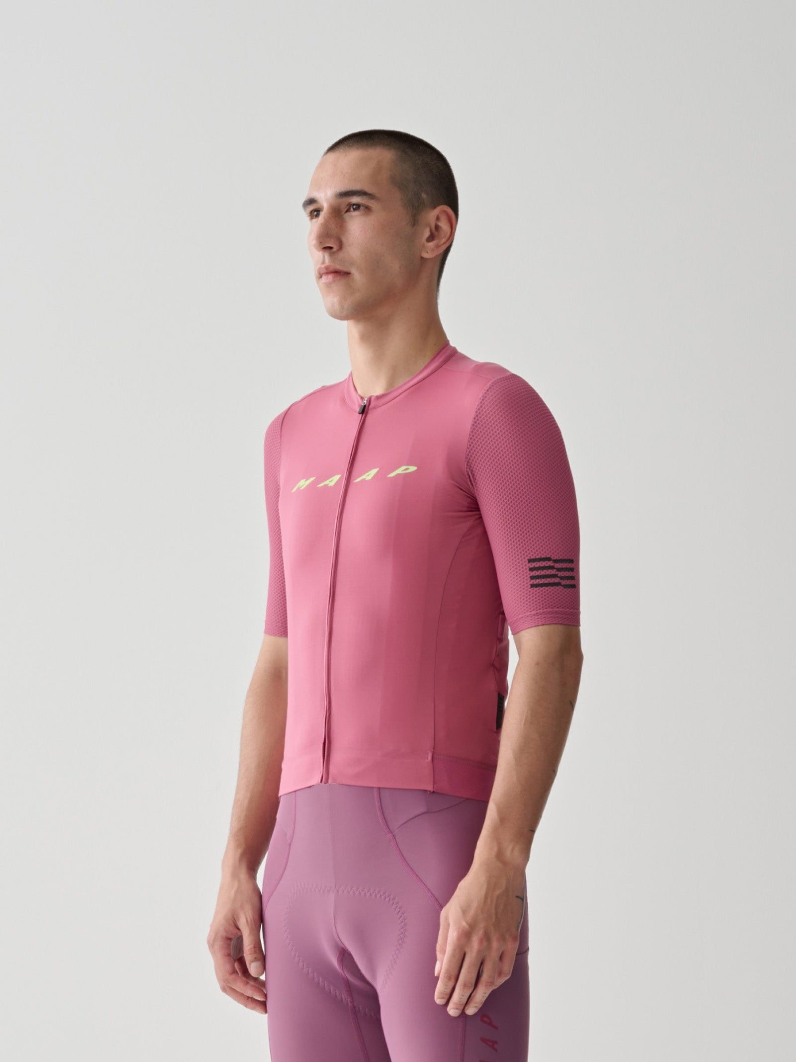 MAAP Evade Pro Base Jersey 2.0 in Mauve, jersey front worn by rider