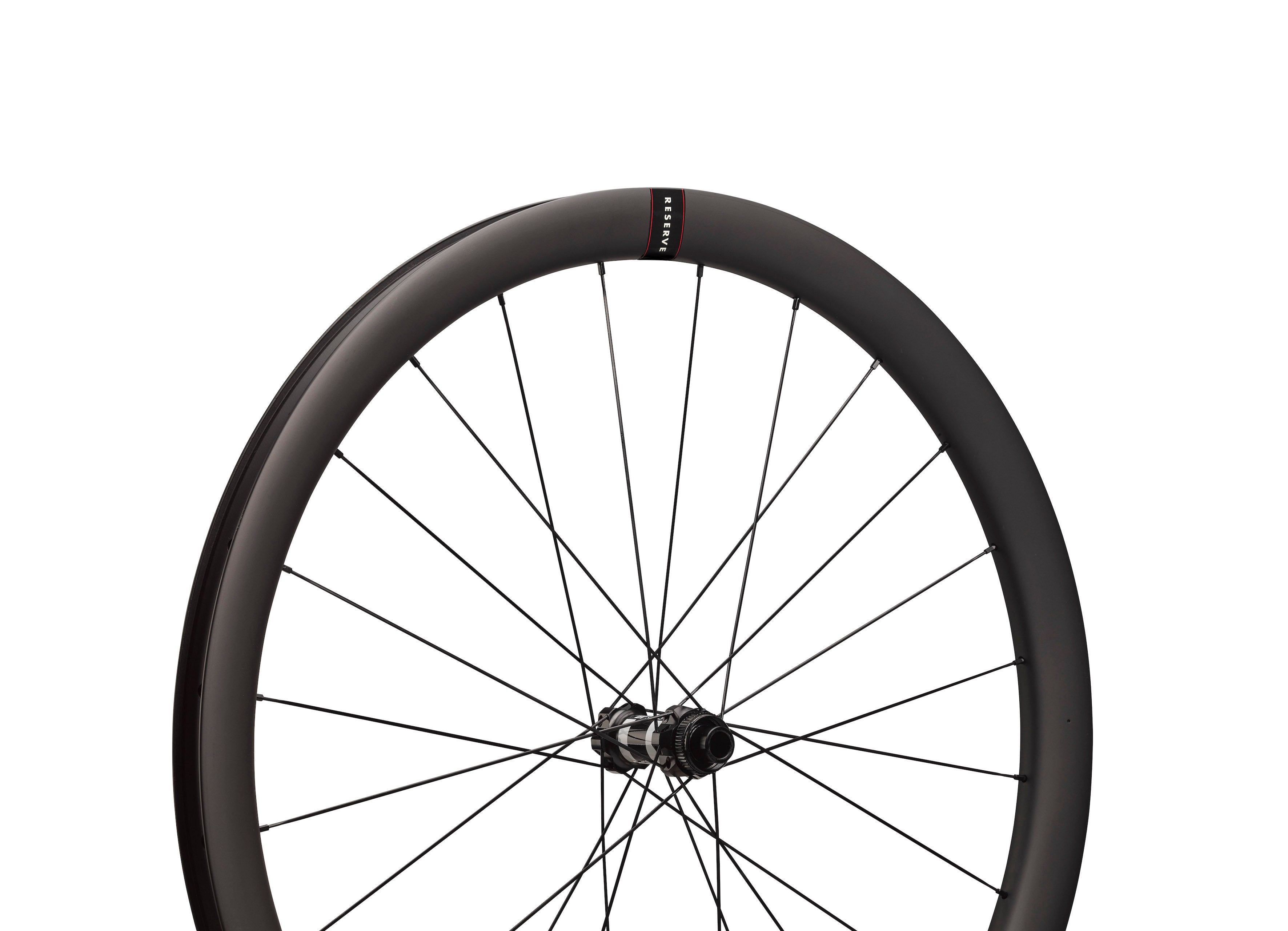Reserve Road 350 DT Swiss 40mm 44mm, carbon road wheelset front rim angled view