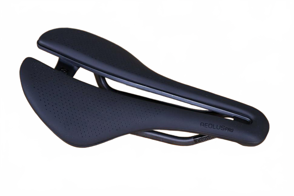 Bontrager Aeolus Pro Saddle, short-nose road saddle showing carbon rails