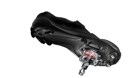 Shimano SPD cleats on a shoes on a white background
